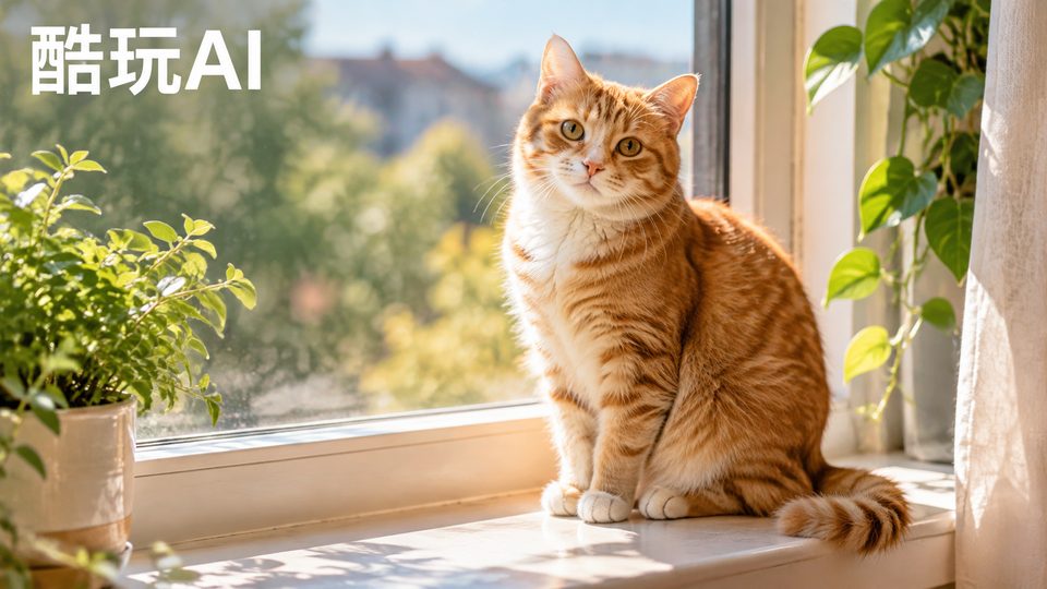 一只橘猫坐在洒满阳光的窗台上，写实摄影风格，画面左上角用清晰的中文写着：酷玩AI