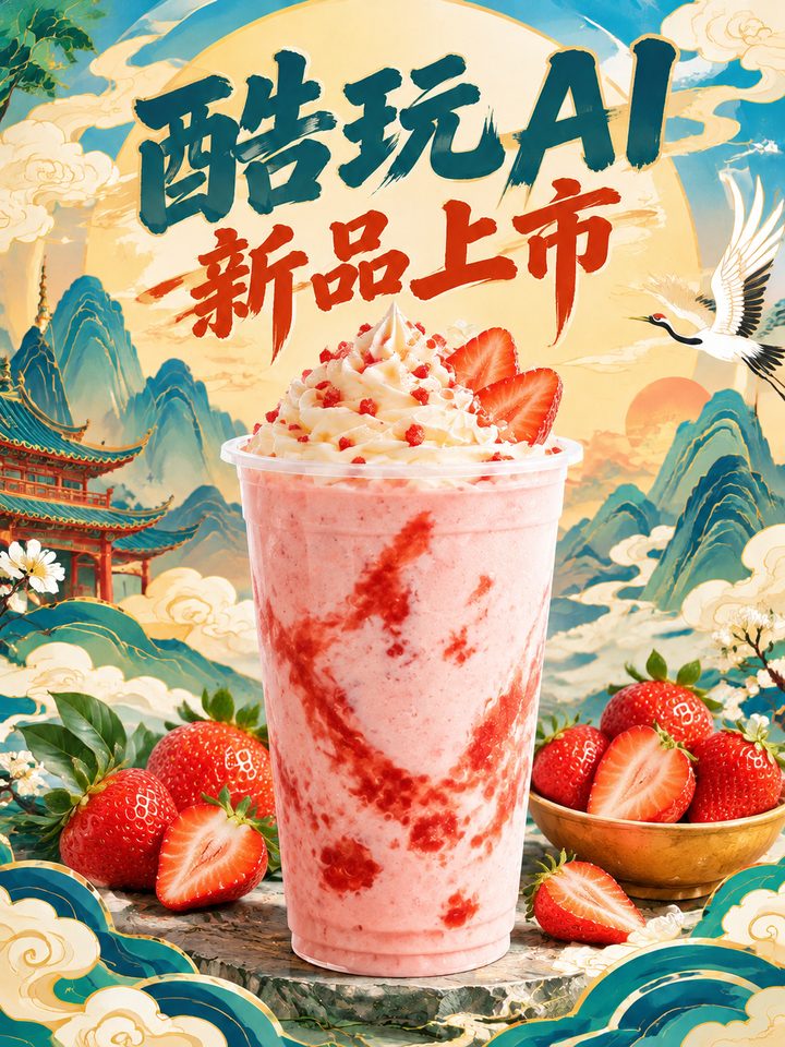 把图片1里的饮品换成一杯草莓奶昔，标题文字和整体风格保持不变